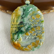Type A Brown Blueish Green with Yellow Jadeite Shan Shui with Guiren Benefactor Pendant 93.95g 66.8 by 49.0 by 13.8mm - Huangs Jadeite and Jewelry Pte Ltd