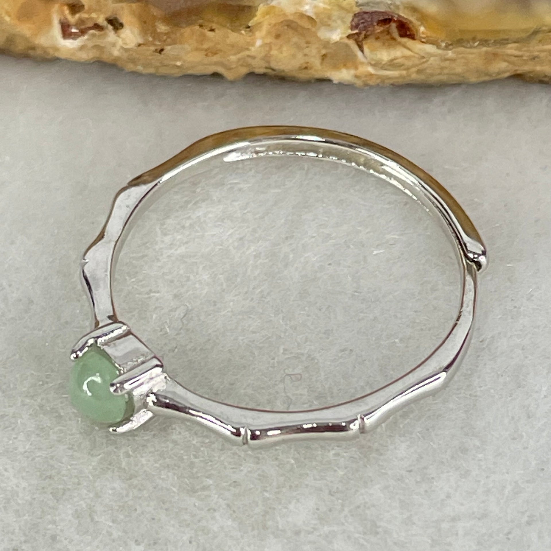 Type A Apple Green Cabochon Jadeite in S925 Sliver Bamboo Ring (Adjustable Size) 1.07g 3.8 by 2.5mm - Huangs Jadeite and Jewelry Pte Ltd