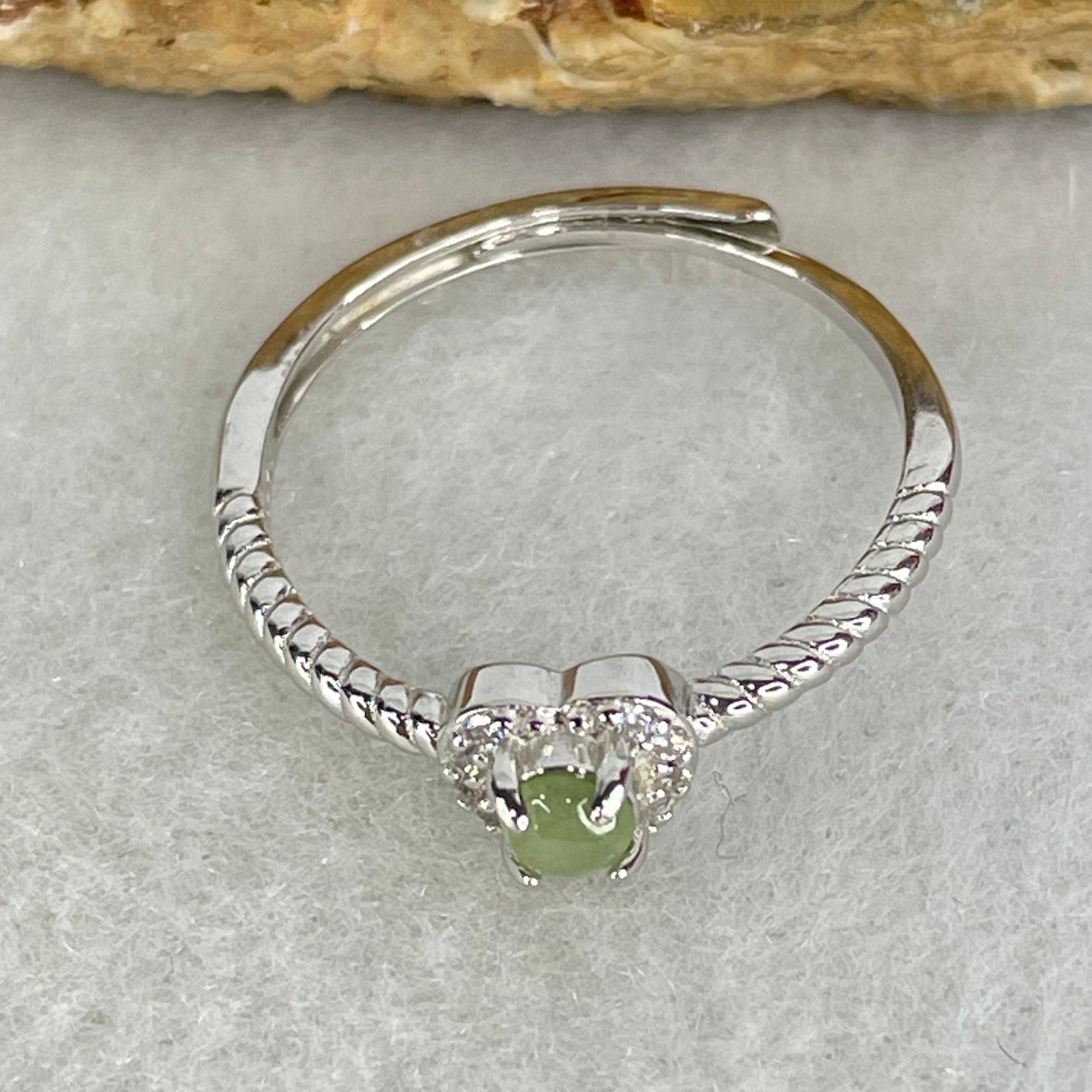 Type A Icy Green Cabochon Jadeite in S925 Sliver Heart Ring (Adjustable Size) 1.18g 3.5 by 2.5mm - Huangs Jadeite and Jewelry Pte Ltd