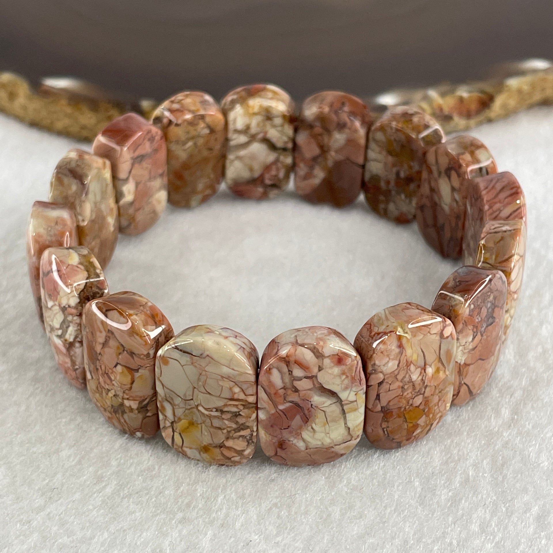 Certified Natural Alashan Agate Pink Shou Pai Bracelet 53.325g 17.5cm 20.3mm 16pcs - Huangs Jadeite and Jewelry Pte Ltd