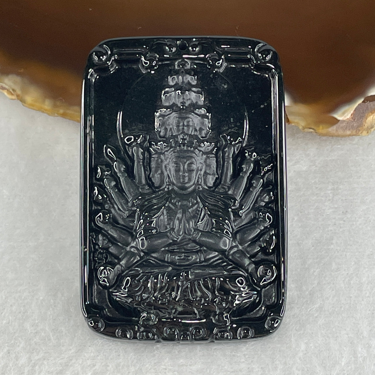 Blessing, Harmony and Fortune - Certified Natural Type A Black Omphacite Jadeite Thousand Hand Guan Yin Pendant 31.55g 55.7 by 37.5 by 9.0mm