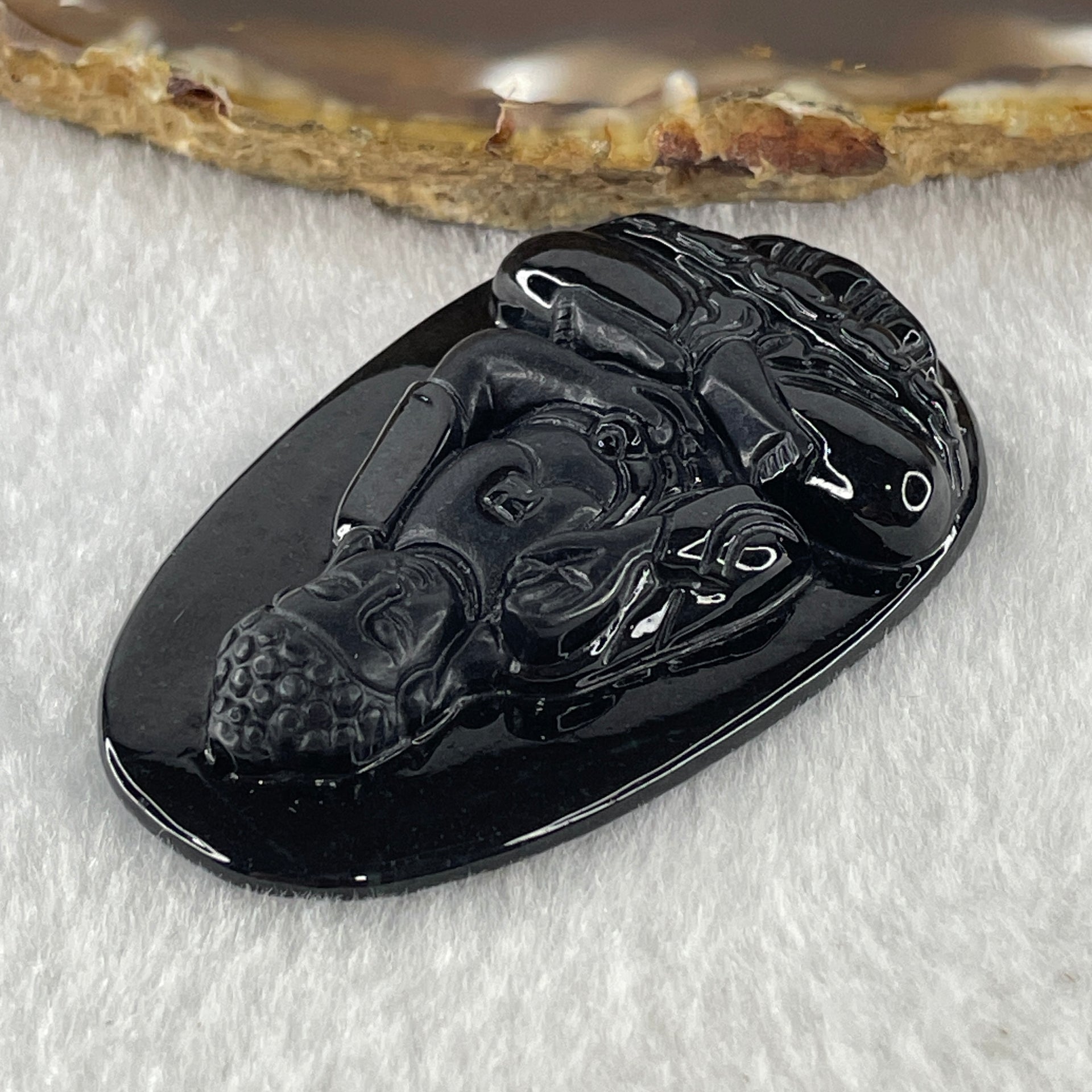 Type A Opaque to Partial Translucent Black Omphacite Jadeite Amitabha Buddha Pendant Dog and Boar Pig Zodiac Guardian 15.85g 51.9 by 33.2 by 7.6mm - Huangs Jadeite and Jewelry Pte Ltd