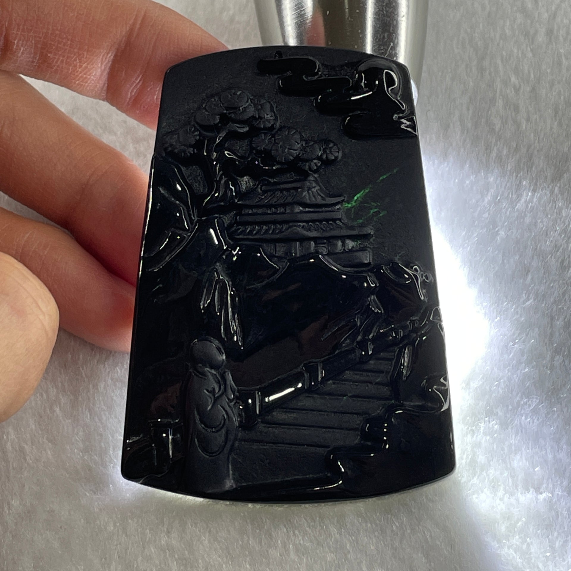 Type A Opaque to Partial Translucent Black Omphacite Jadeite Shan Shui with Guiren Benefactor Pendant 23.01g 60.5 by 42.6 by 6.2mm - Huangs Jadeite and Jewelry Pte Ltd