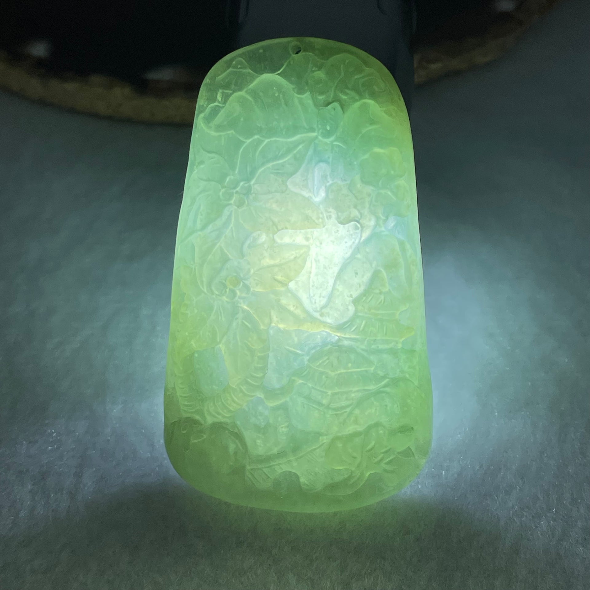 Type A Semi Icy Light Green Jadeite Shan Shui Gui Ren Benefactor and Flower Pendant 34.95g 58.8 by 33.9 by 8.8mm - Huangs Jadeite and Jewelry Pte Ltd