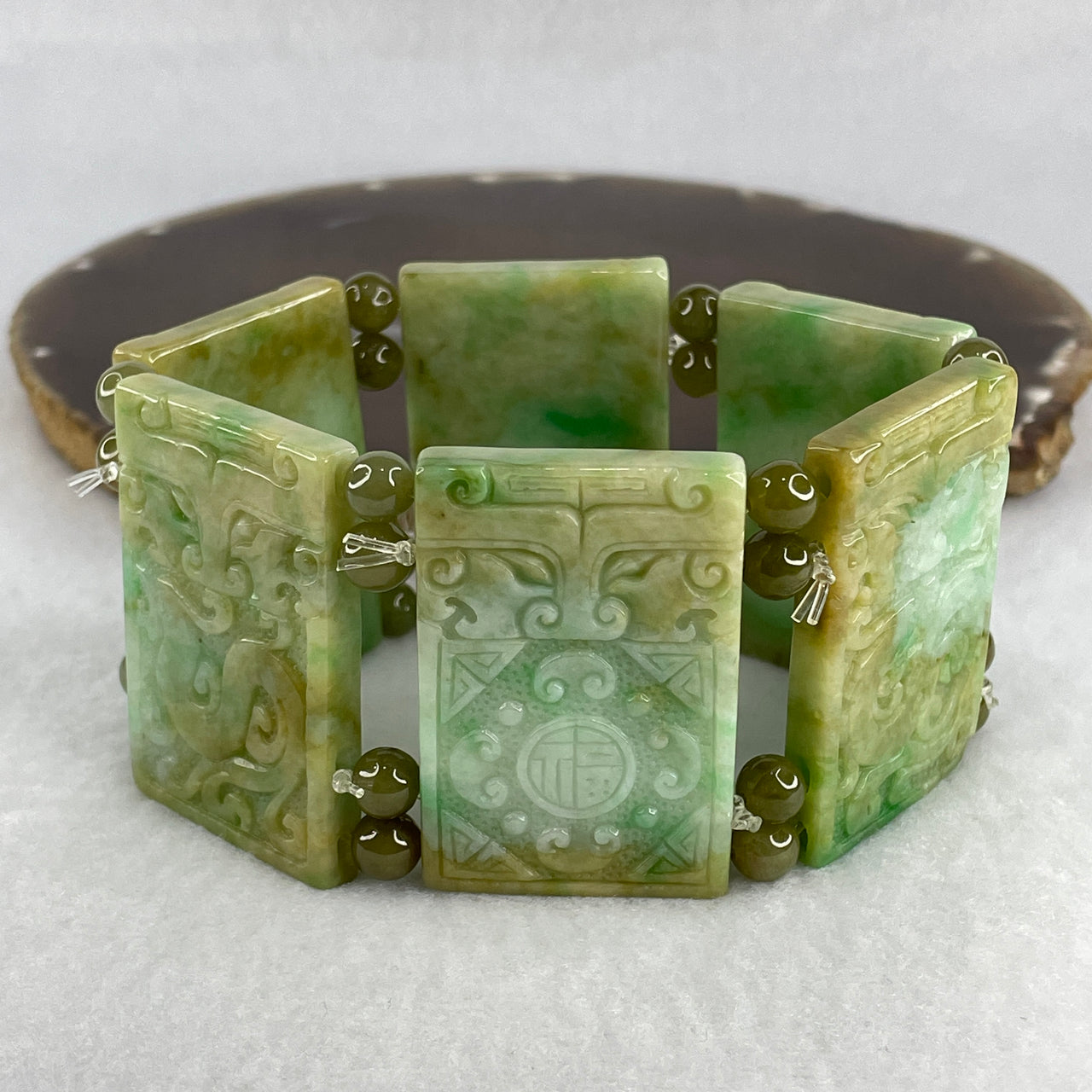 Natural Type A Green, Apple Green & Yellowish Jadeite Shoupai Bracelet | Untreated Fei Cui 6-Piece Plaque Bracelet (146.45g | 44.22 x 29.9 x 5.8mm)