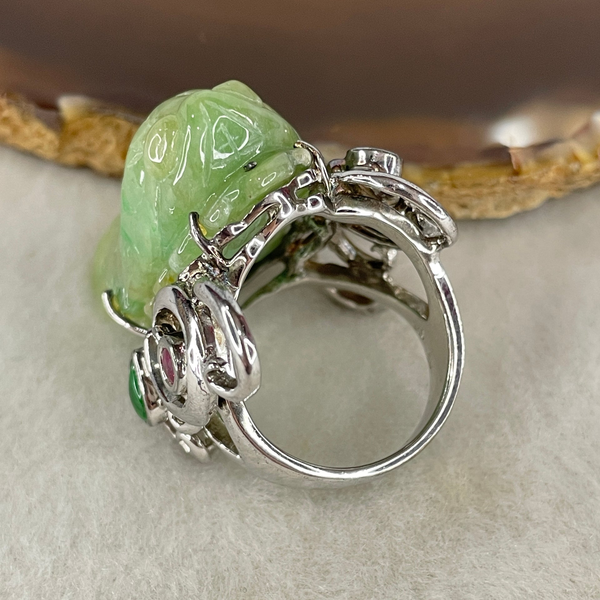 Antique Natural Type A Light Green with Brownish Piaohua Jadeite Insect with S925 Sliver and Gem Stones Ring 23.79g 33.4 by 11.6 by 13.0mm US 8.7 HK 19.5 - Huangs Jadeite and Jewelry Pte Ltd