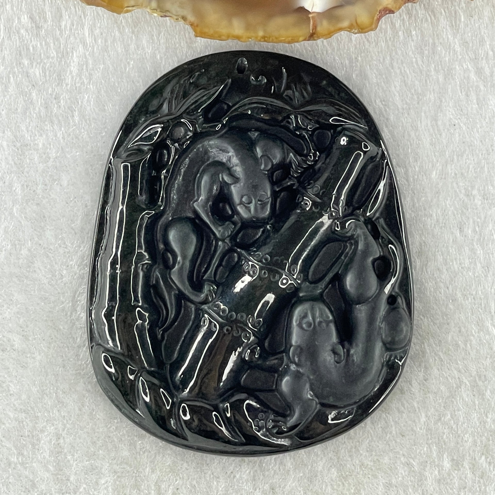 Type A Opaque to Partial Translucent Black Omphacite Jadeite Pixiu Pair with Bamboo Pendant 24.47g 53.7 by 43.2 by 8.4mm - Huangs Jadeite and Jewelry Pte Ltd