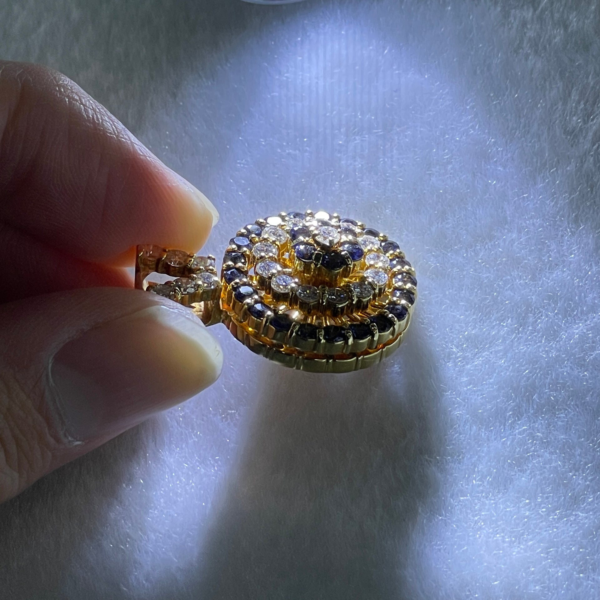 Natural Round Brilliant Blue Sapphire with Round Brilliant Cut Shape Diamonds in 18K Yellow Gold Tripple Rotating Pendant S1.5 with Melees D1.2 ct Total 11.7g 29.1 by 20.4 by 10.7mm - Huangs Jadeite and Jewelry Pte Ltd