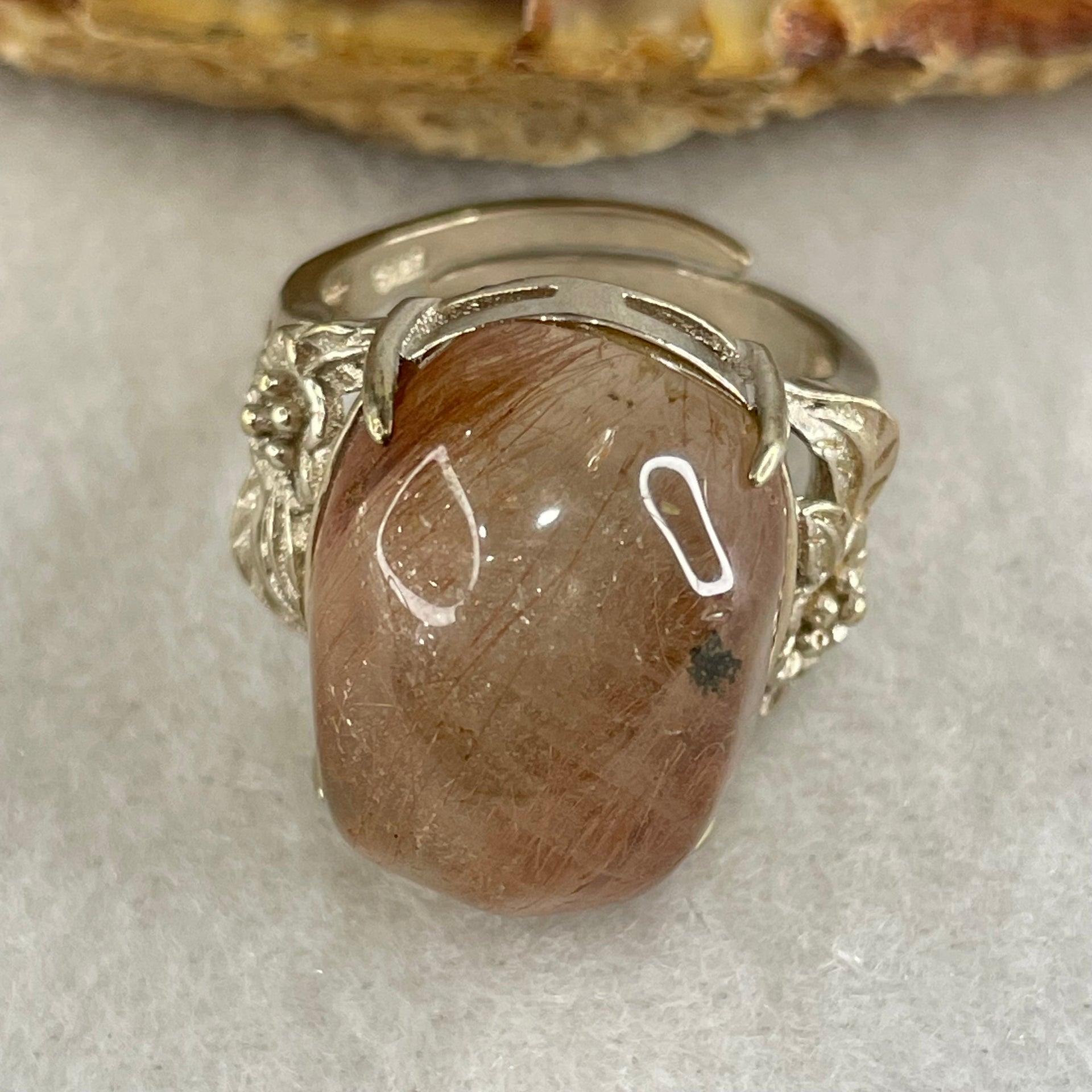 Average Grade Natural Copper Rutilated Quartz Cabochon in S925 Silver Flower design Ring (Adjustable Size) 8.20g 19.0 by 14.1 by 11.5mm - Huangs Jadeite and Jewelry Pte Ltd