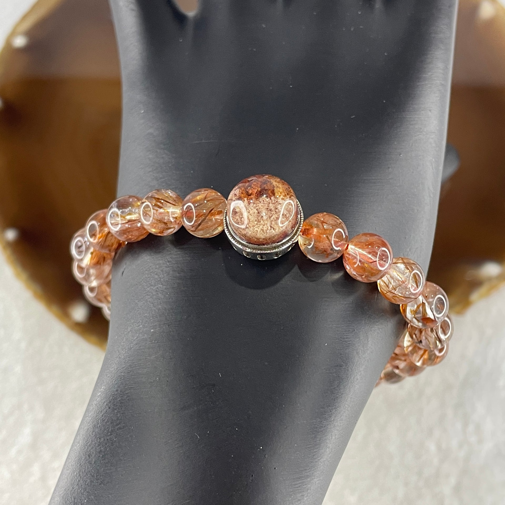 Natural Reddish Copper Rutilated Quartz Beads with Charm Bracelet 17.74g 7.8mm 24 Beads - 10.8 by 6.5mm 1 Charm - Huangs Jadeite and Jewelry Pte Ltd