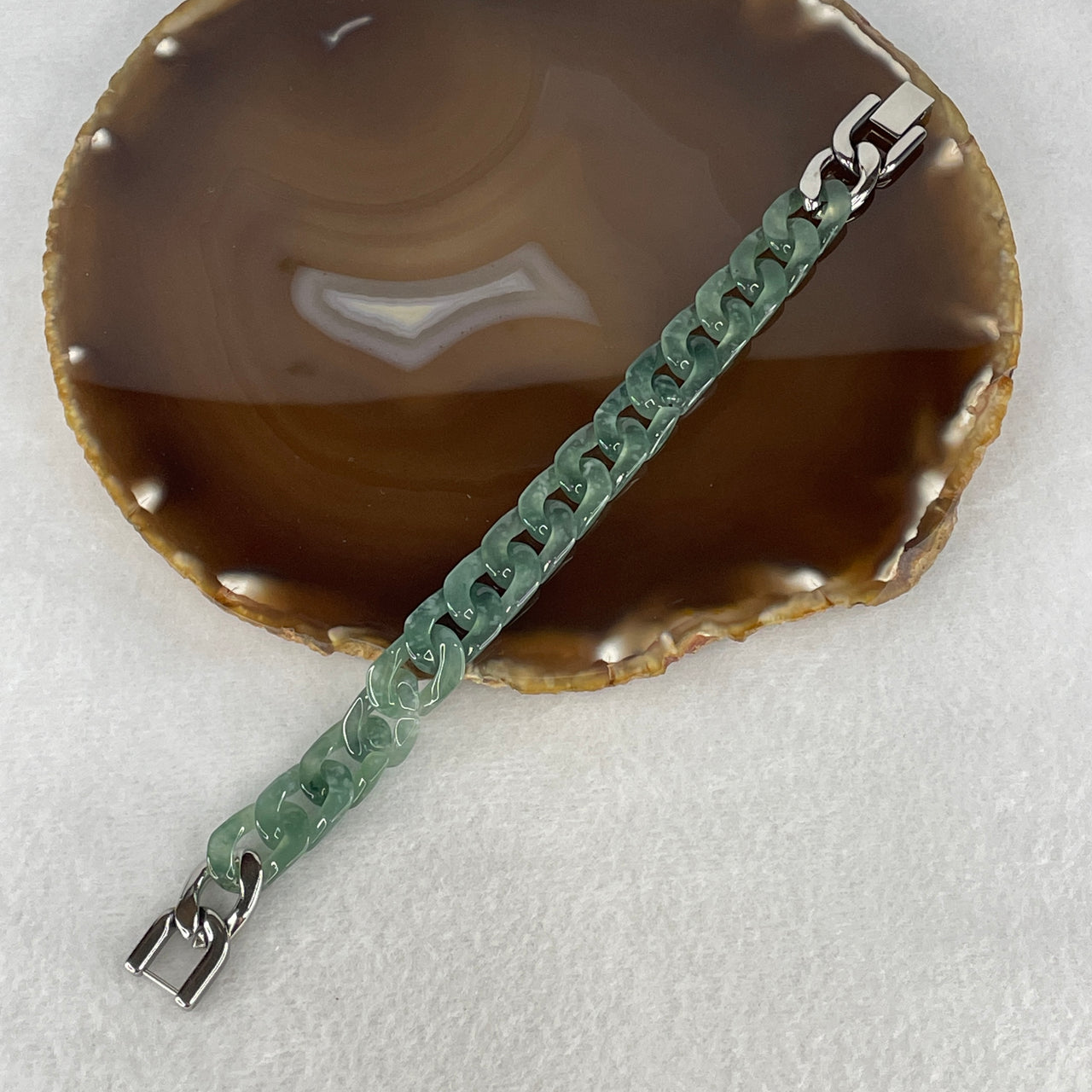 Certified Natural Type A Icy Dark Blueish Green Jadeite Cuban Tennis Bracelet with Stainless Steel Clasp 21.54g Up to 17cm 11.7 by 3.5mm 16 Pcs