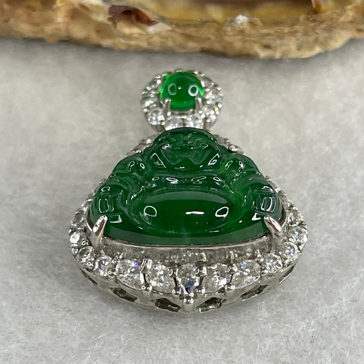 Natural Type A Omphacite Spicy Green Jadeite Milo Buddha Pendant in S925 Silver | (4.47g | 12.5 x 16.5 x 3.0mm | Power Catalyst, Laughing Buddha Joy & Fortune Anchor, Feng Shui Harmony & Abundance Pendant) - Huangs Jadeite and Jewelry Pte Ltd