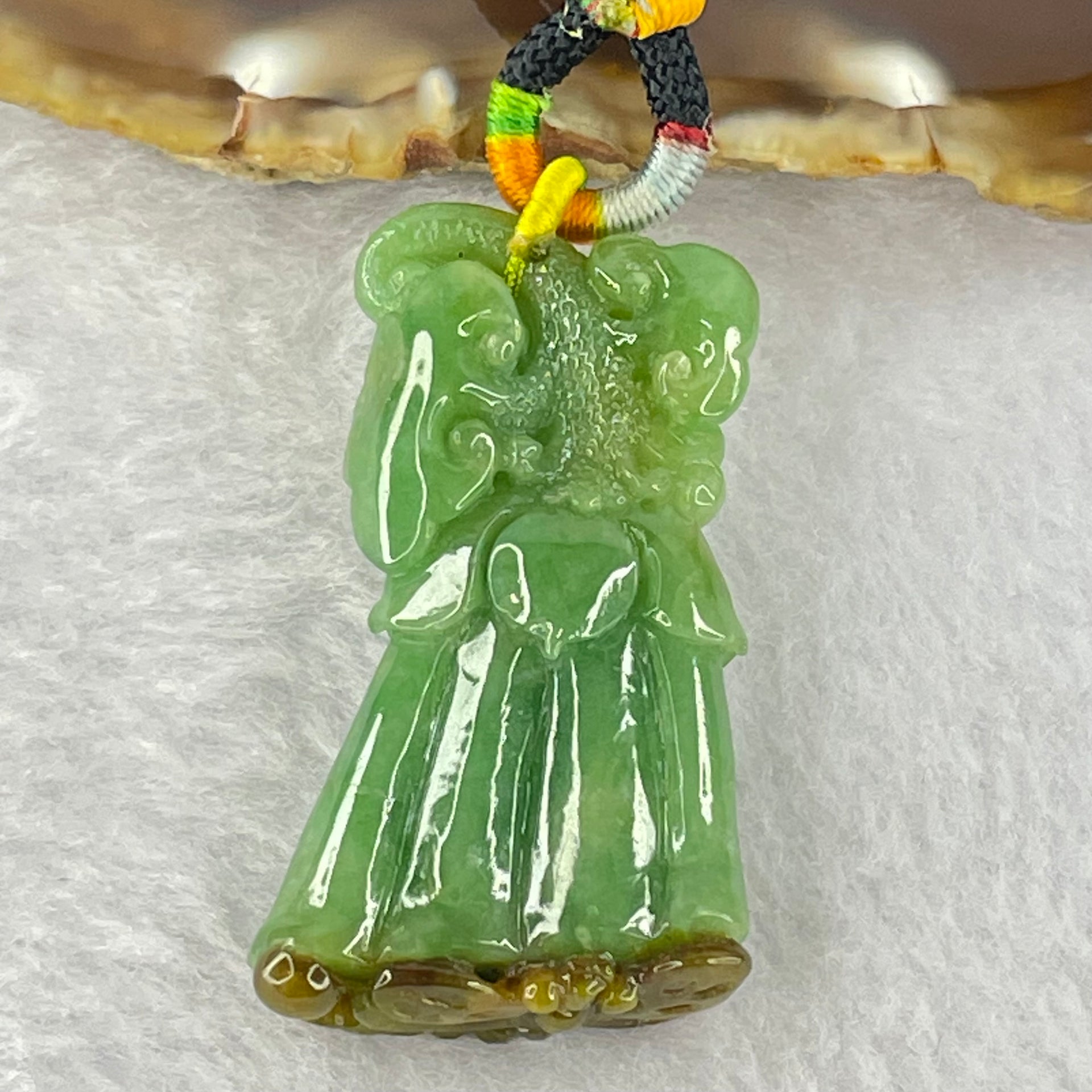 Type A Full Bright Spicy Green and Brown Jadeite Flower Dragonfly Ruyi Coin 17.01g 42.4 by 24.3 by 9.2mm - Huangs Jadeite and Jewelry Pte Ltd