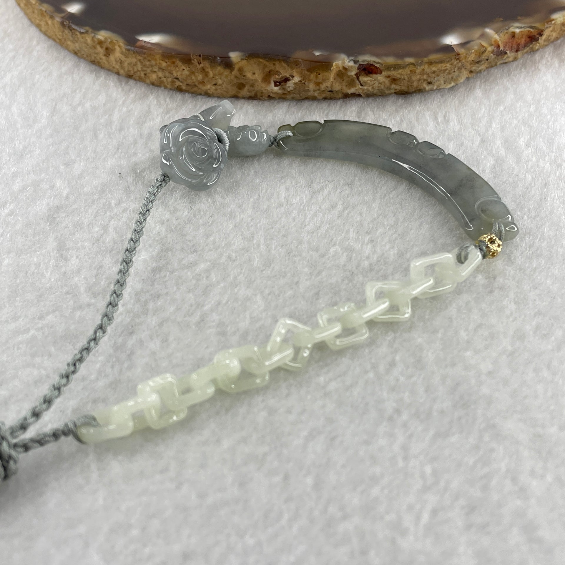 Natural Type A Semi Icy Wuji Grey Jadeite Ruyi with Flower and Butterfly Necklace 12.14g 50.1 by 12.6 by 3.9mm - Huangs Jadeite and Jewelry Pte Ltd