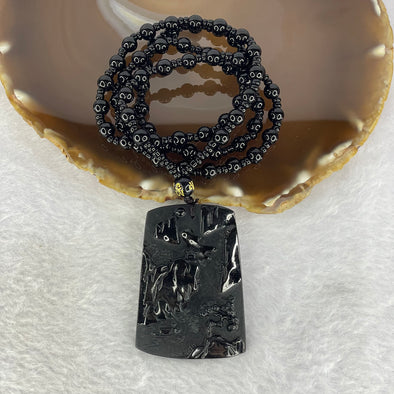 Type A Omphasite Black semi Translucent Jadeite 墨翠 Shan Shui with Gui Ren 山水贵人 with Onyx Beads Necklace 44.01g 54.6 by 38.8 by 7.6mm - Huangs Jadeite and Jewelry Pte Ltd
