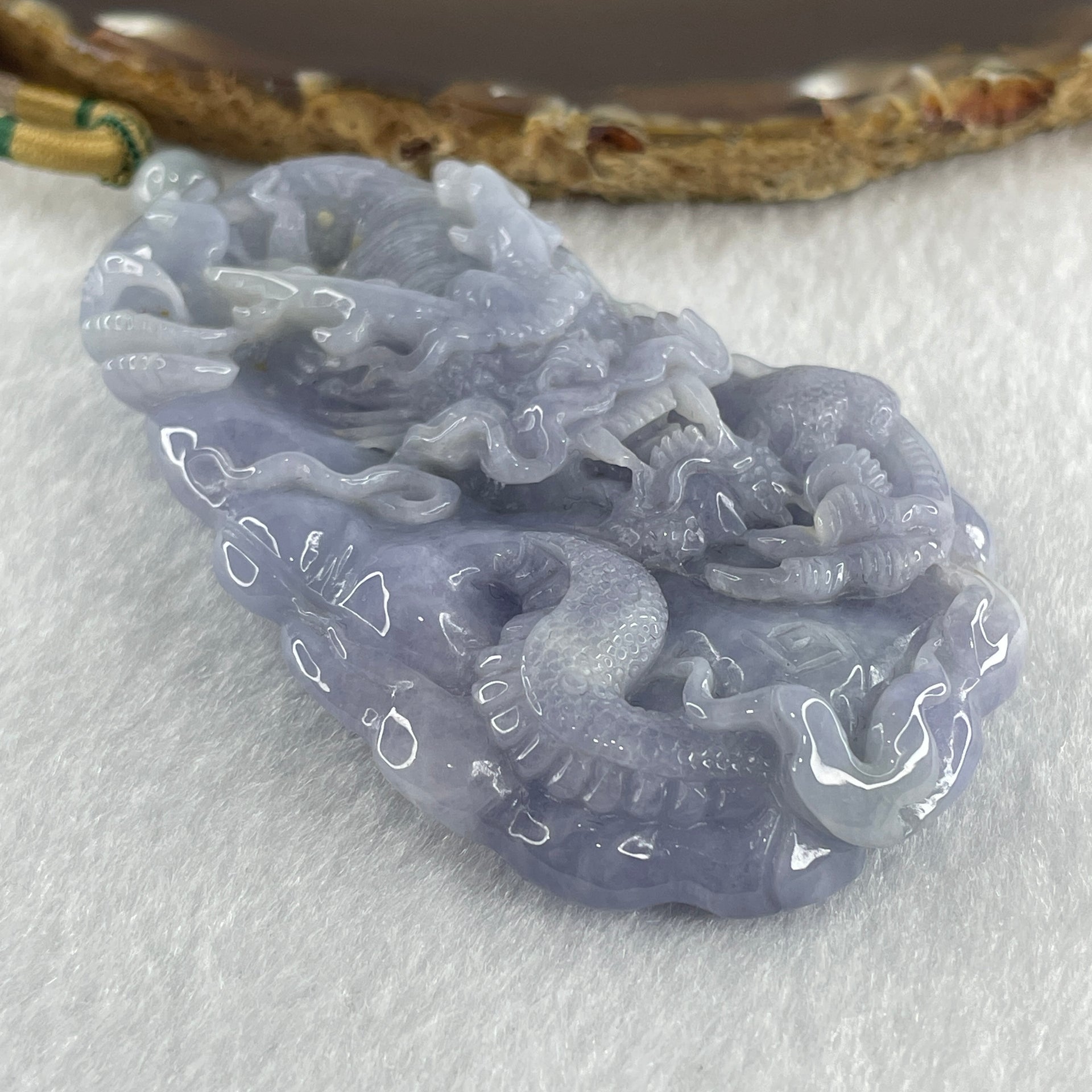 Type A Intense Lavender Jadeite Dragon Double Side Pendant 102.09g 83.3 by 50.7 by 14.2mm - Huangs Jadeite and Jewelry Pte Ltd