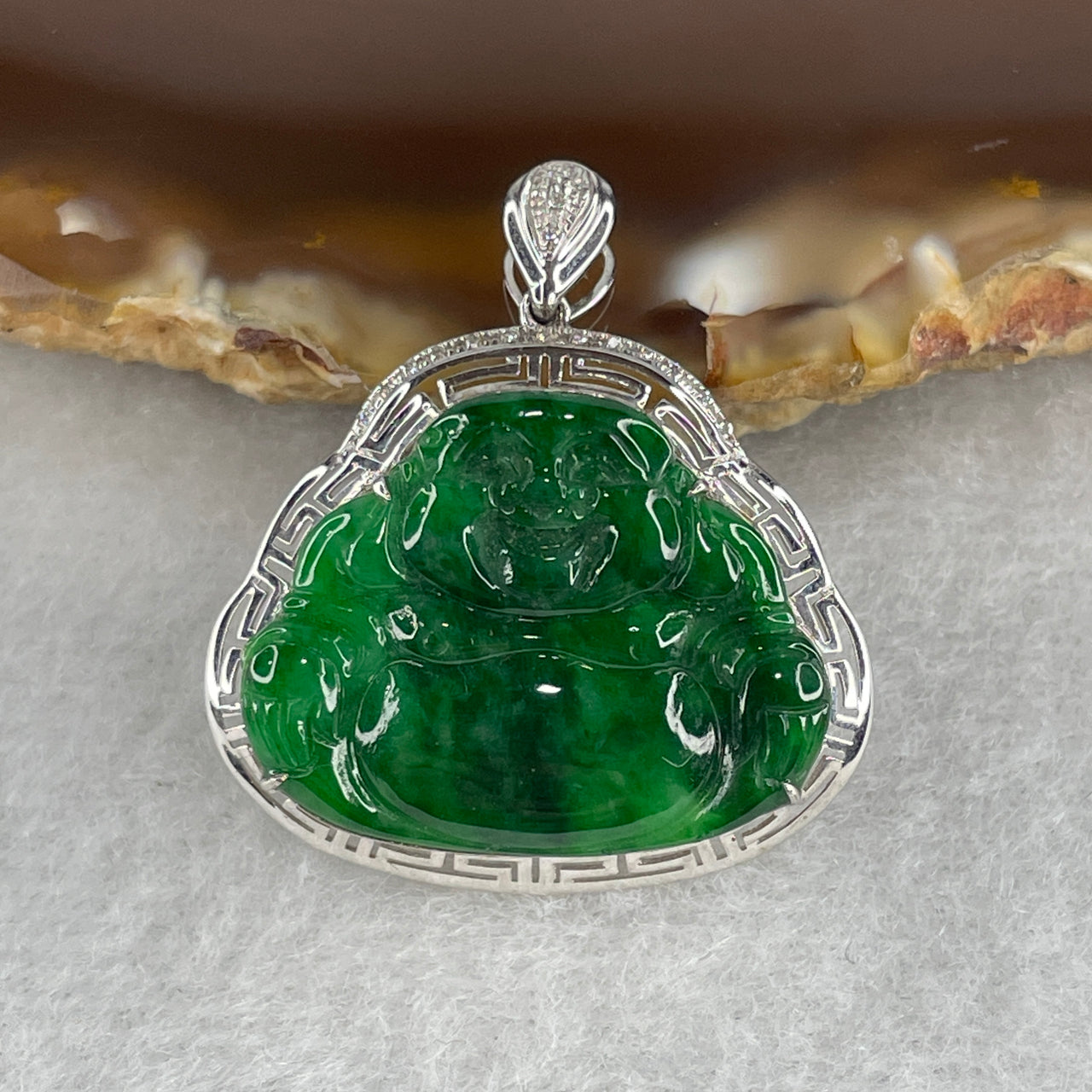 Type A Burmese Intense Spicy Green Jadeite Milo Laughing Buddha Pendant Setting 18k White Gold with Diamonds 3.74g 29.2 by 26.4 by 5.9mm