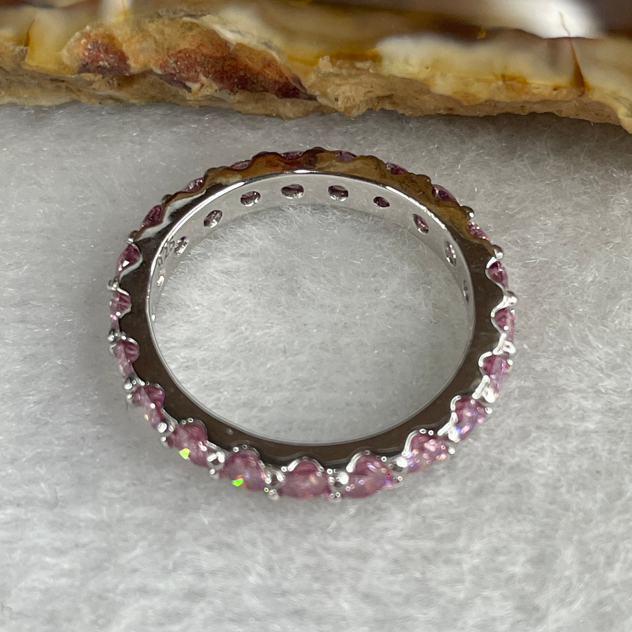 Natural Pink & Colorless Moissanite Eternity Ring | Solid S925 Sterling Silver | US Size 7.1 (HK 15.5) | 3.0mm Pastel "Blushing Ice" Continuous Multi-Color Ribbon Luxury Band (2.70g)