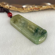 Type A Green with Yellow and Blueish Green Patches Jadeite Shan Shui with Guiren Benefactor seeking Enlightenment Pendant 18.17g 51.1 by 20.5 by 6.7mm - Huangs Jadeite and Jewelry Pte Ltd