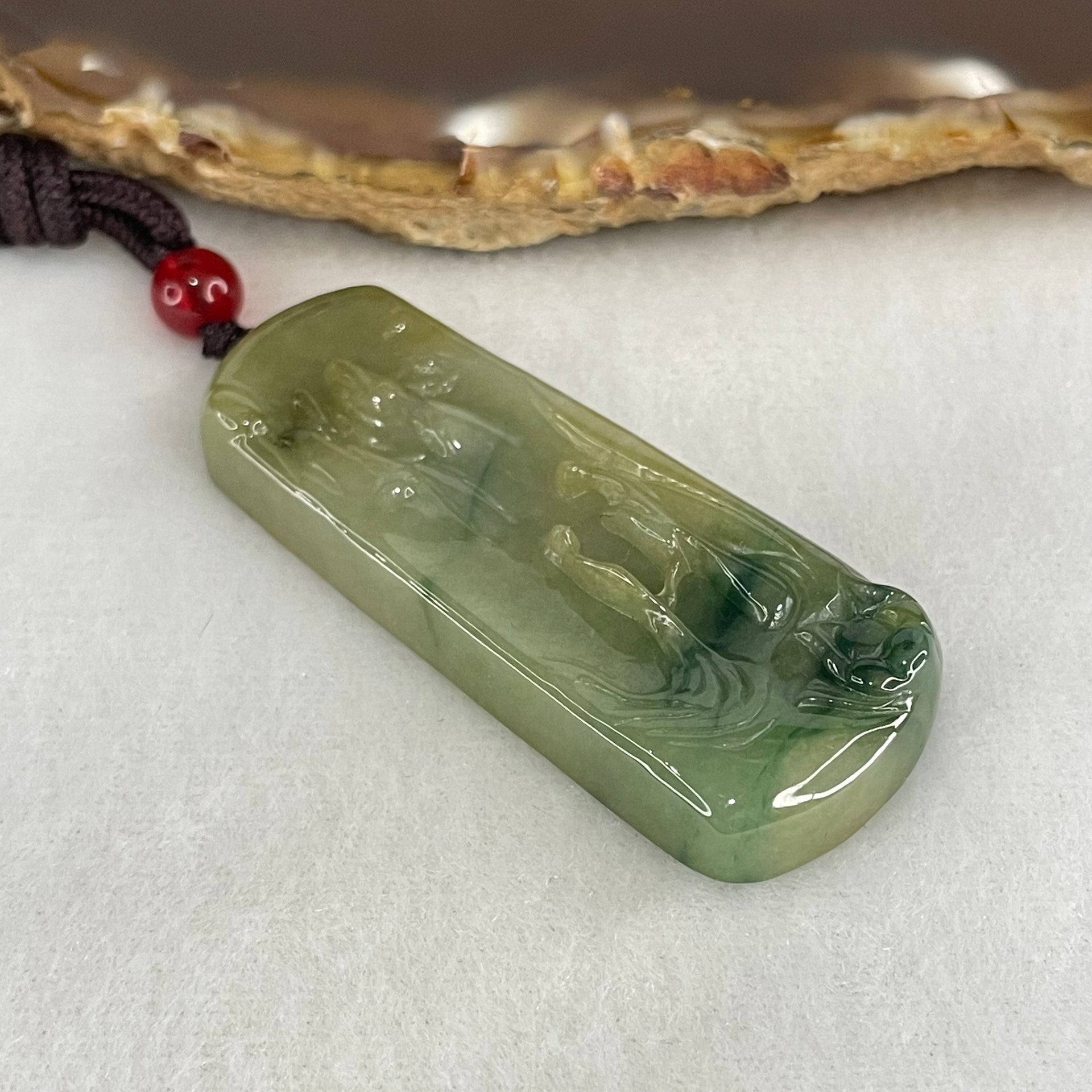 Type A Green with Yellow and Blueish Green Patches Jadeite Shan Shui with Guiren Benefactor seeking Enlightenment Pendant 18.17g 51.1 by 20.5 by 6.7mm - Huangs Jadeite and Jewelry Pte Ltd