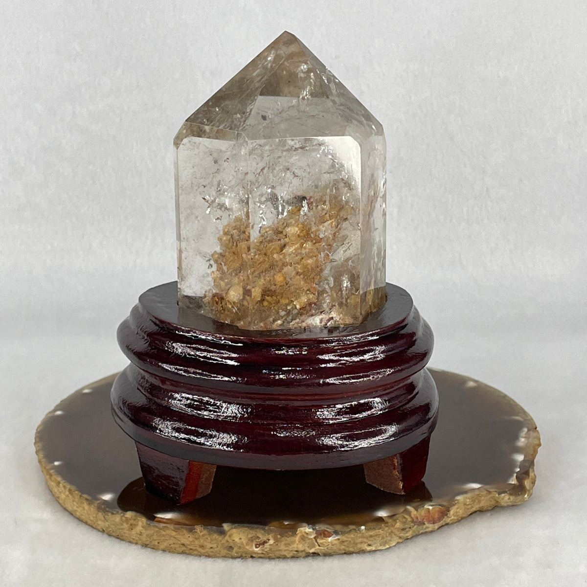 High Grade Natural Yellow Phantom Quartz Tower Display with Custom Wooden Stand | (501.8g | 100.0x88.0x120.0mm | Synergy, Career Advancement Shield, Golden Abundance Magnet & Life Growth Obelisk)