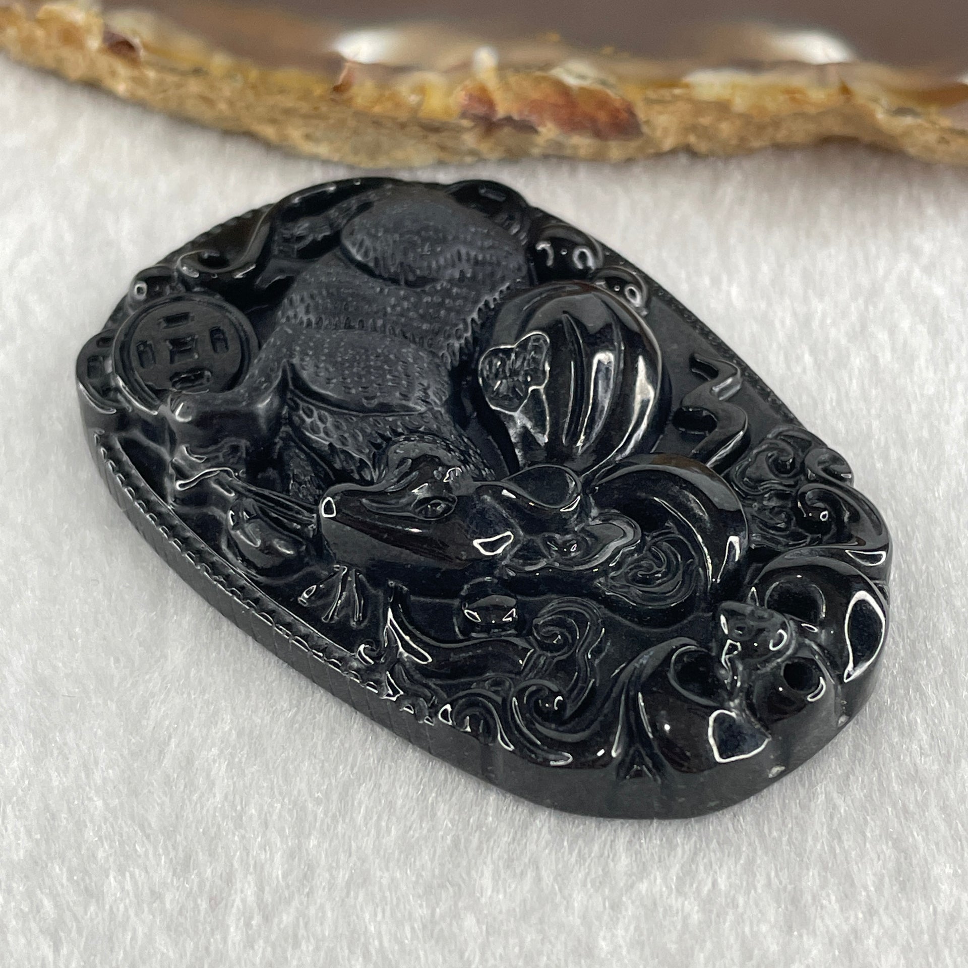 Type A Opaque to Partial Translucent Black Omphacite Jadeite Rat Pendant 25.17g 59.7 by 40.3 by 9.4mm - Huangs Jadeite and Jewelry Pte Ltd