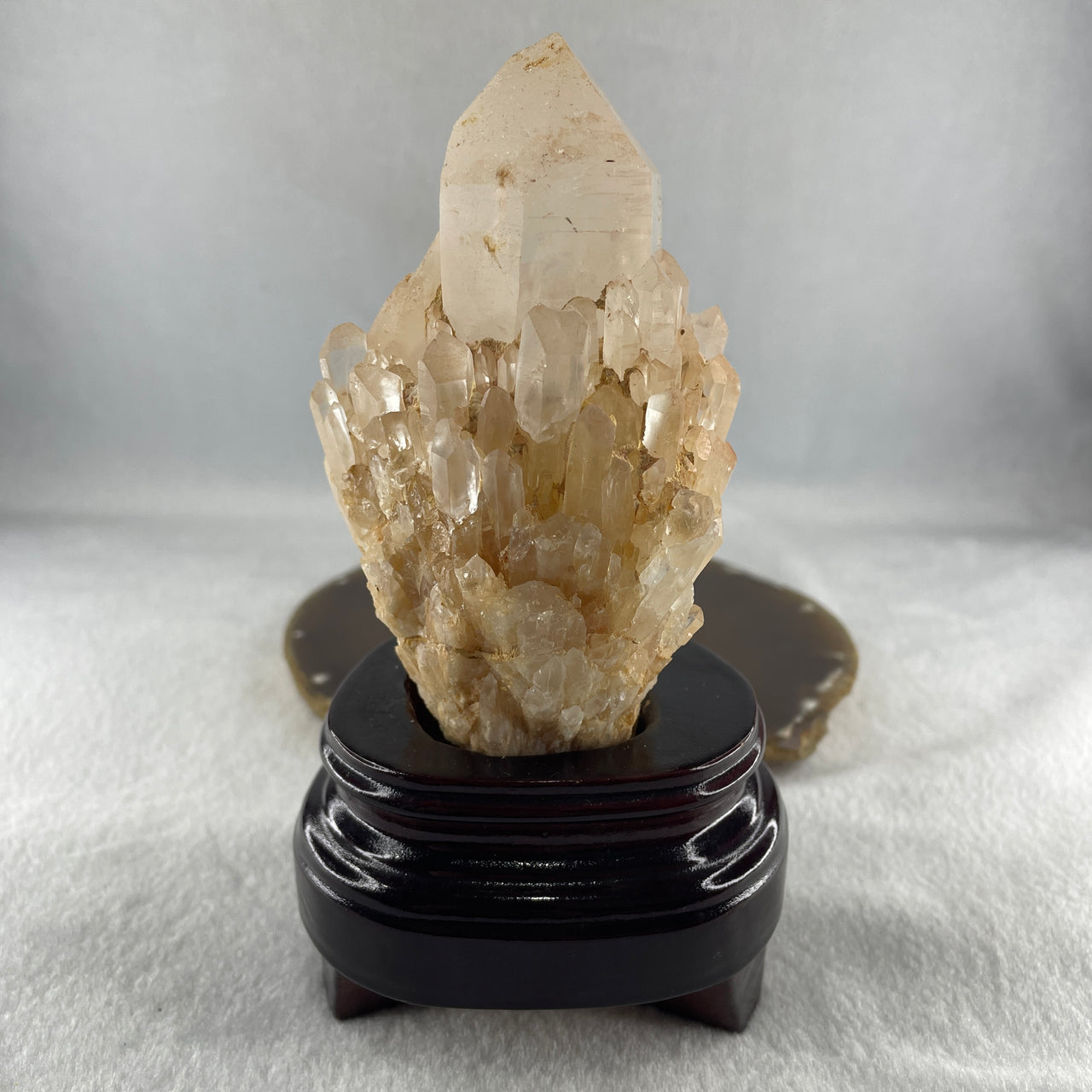 Natural Clear White Quartz Tower Cluster with Wooden Stand 640.8g 87.6 by 82.3 by 160.0mm - Huangs Jadeite and Jewelry Pte Ltd