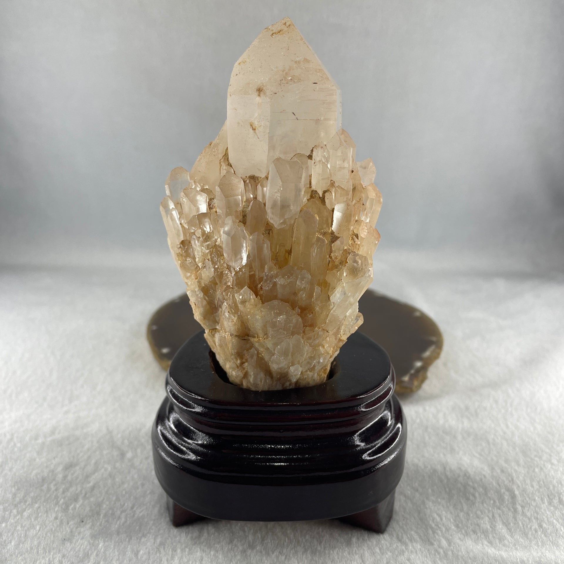 Natural Clear White Quartz Tower Cluster with Wooden Stand 640.8g 87.6 by 82.3 by 160.0mm - Huangs Jadeite and Jewelry Pte Ltd