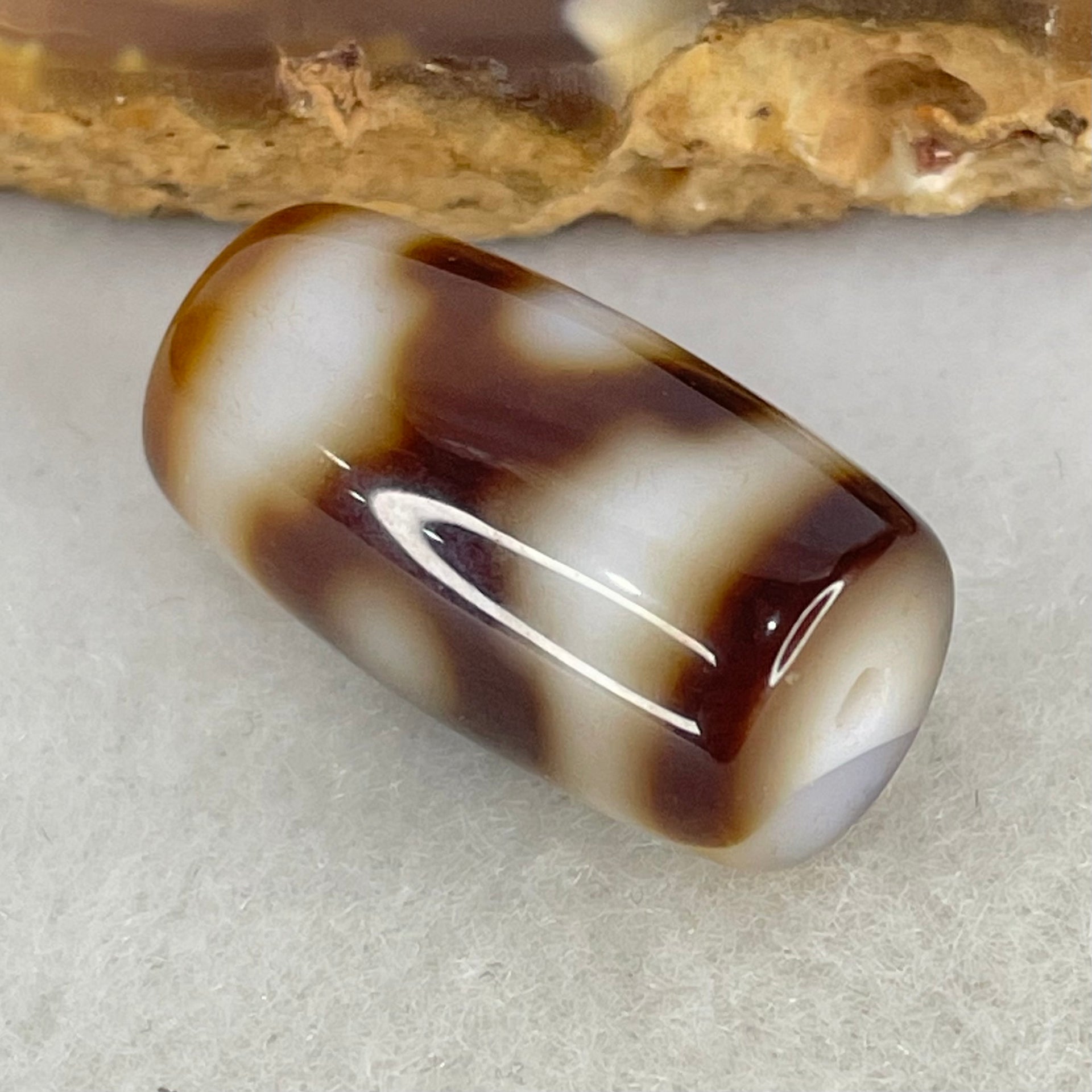 Natural Powerful Tibetan Old Oily Dark Brown With White Agate 3 Eyes Dzi Bead Heavenly Master (Tian Zhu) 三眼天诛 3.92g 19.6 by 10.8mm - Huangs Jadeite and Jewelry Pte Ltd