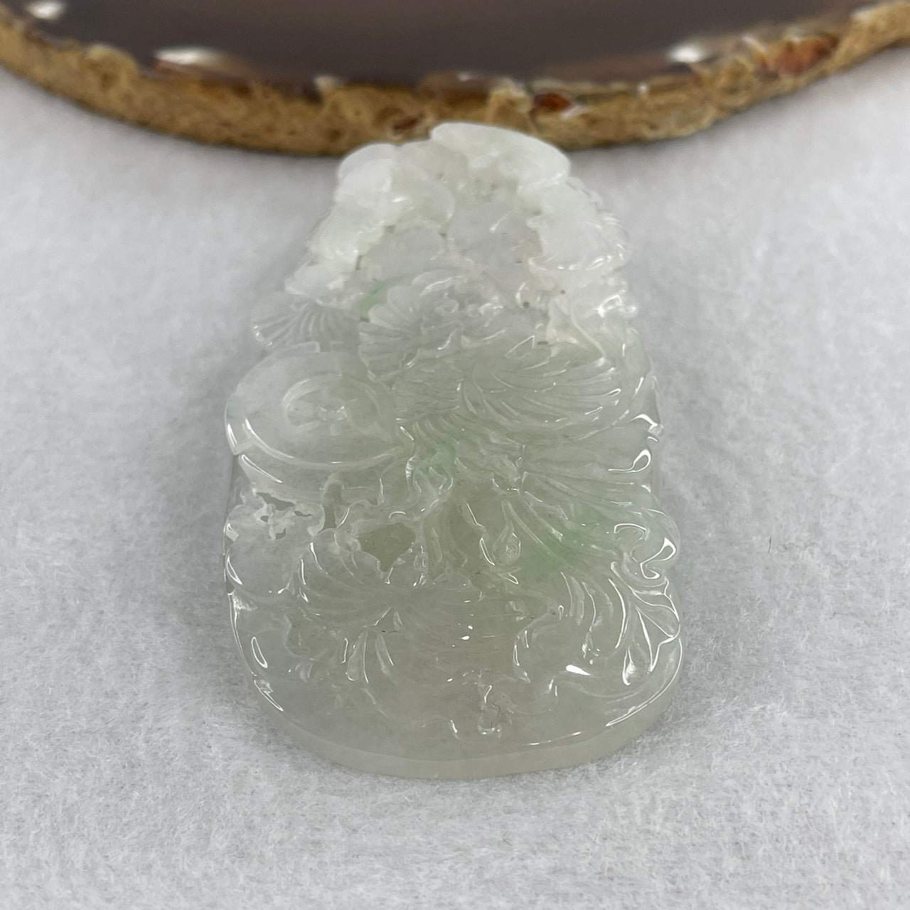 Natural Type A Jelly Semi-Icy Faint Green to Colorless Jadeite Phoenix with 5 Birds Pendant | Master-Carved Fei Cui Gemstone Plaque (85.22g | 82.8mm x 39.4mm x 13.2mm)