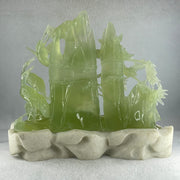 Natural Icy Green Serpentine 6 Cranes with Bamboo Shoots on Shan Shui with White Stone Stand Display 3,171.9g 270.0 by 102.0 by 236.0mm - Huangs Jadeite and Jewelry Pte Ltd