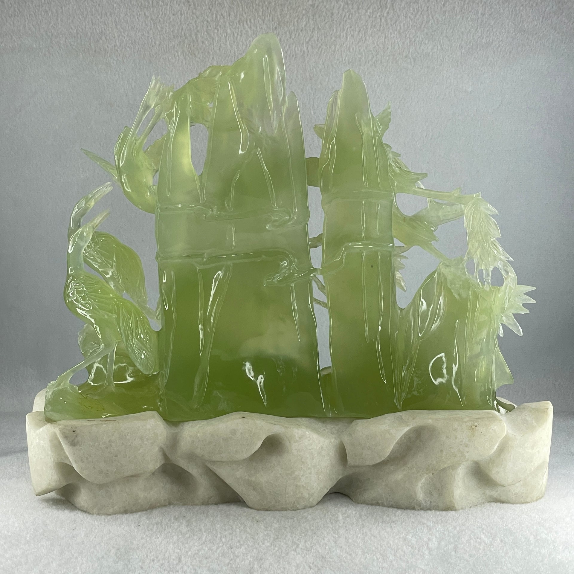 Natural Icy Green Serpentine 6 Cranes with Bamboo Shoots on Shan Shui with White Stone Stand Display 3,171.9g 270.0 by 102.0 by 236.0mm - Huangs Jadeite and Jewelry Pte Ltd