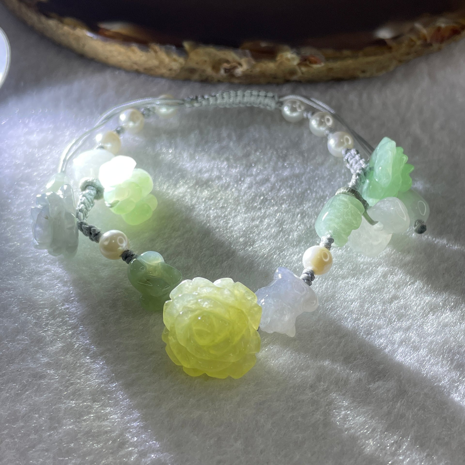 Natural Type A Green with Lavender and light Yellowish Jadeite Flower and Cat Dog Butterfly with Faux Pearl Bracelet 17.34g 15-18cm 16.0mm - Flower - Huangs Jadeite and Jewelry Pte Ltd