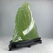 Natural Semi Icy Green Serpentine 5 Deers on Shanshui with Wooden Stand Display 1,293.6g 205.0 by 72.0 by 215.0mm - Huangs Jadeite and Jewelry Pte Ltd