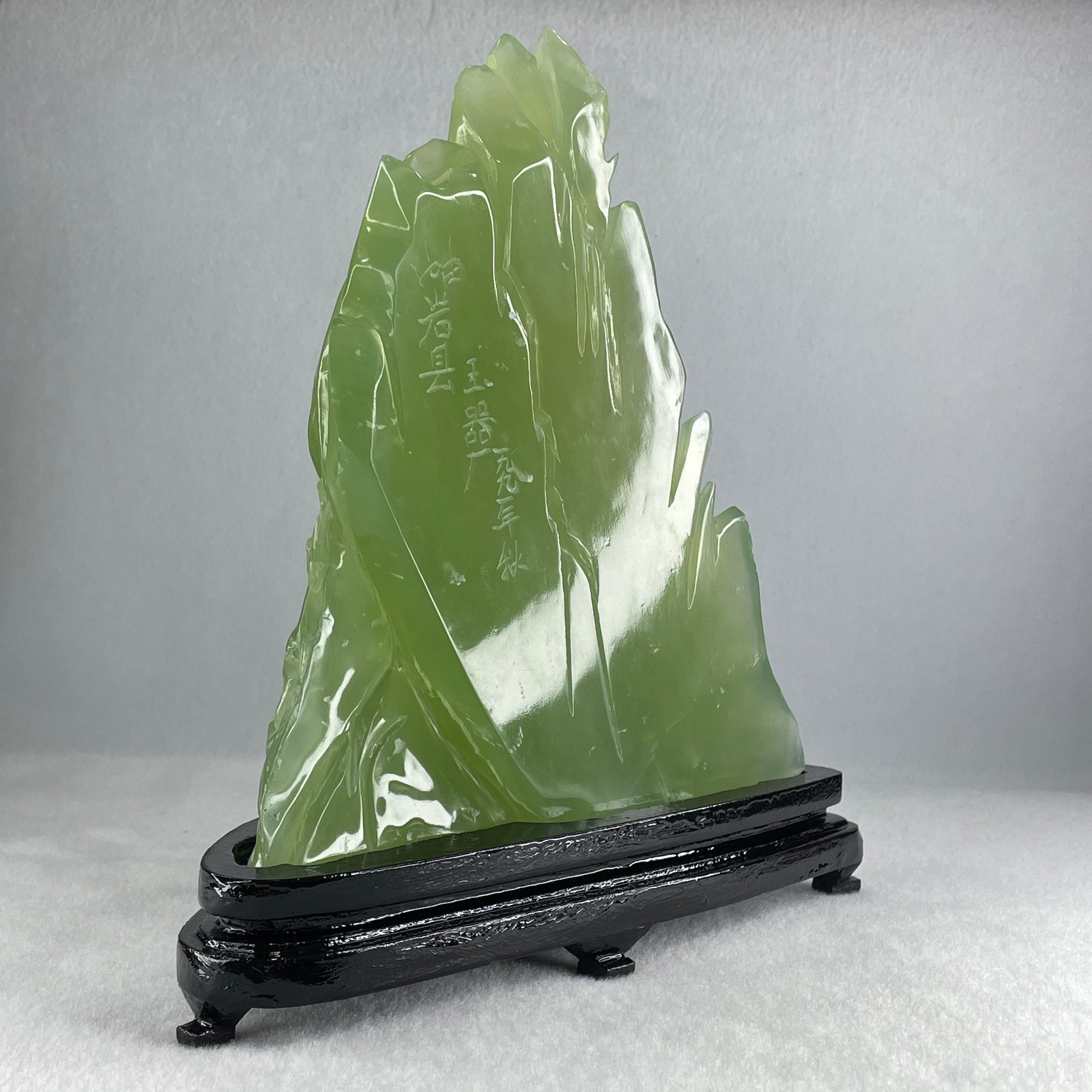 Natural Semi Icy Green Serpentine 5 Deers on Shanshui with Wooden Stand Display 1,293.6g 205.0 by 72.0 by 215.0mm - Huangs Jadeite and Jewelry Pte Ltd