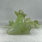 Natural Semi Icy Green Serpentine Double Magpie Birds on Flower Tree with Wooden Stand Display 641.5g 210.0 by 220.0 by 112.0mm - Huangs Jadeite and Jewelry Pte Ltd