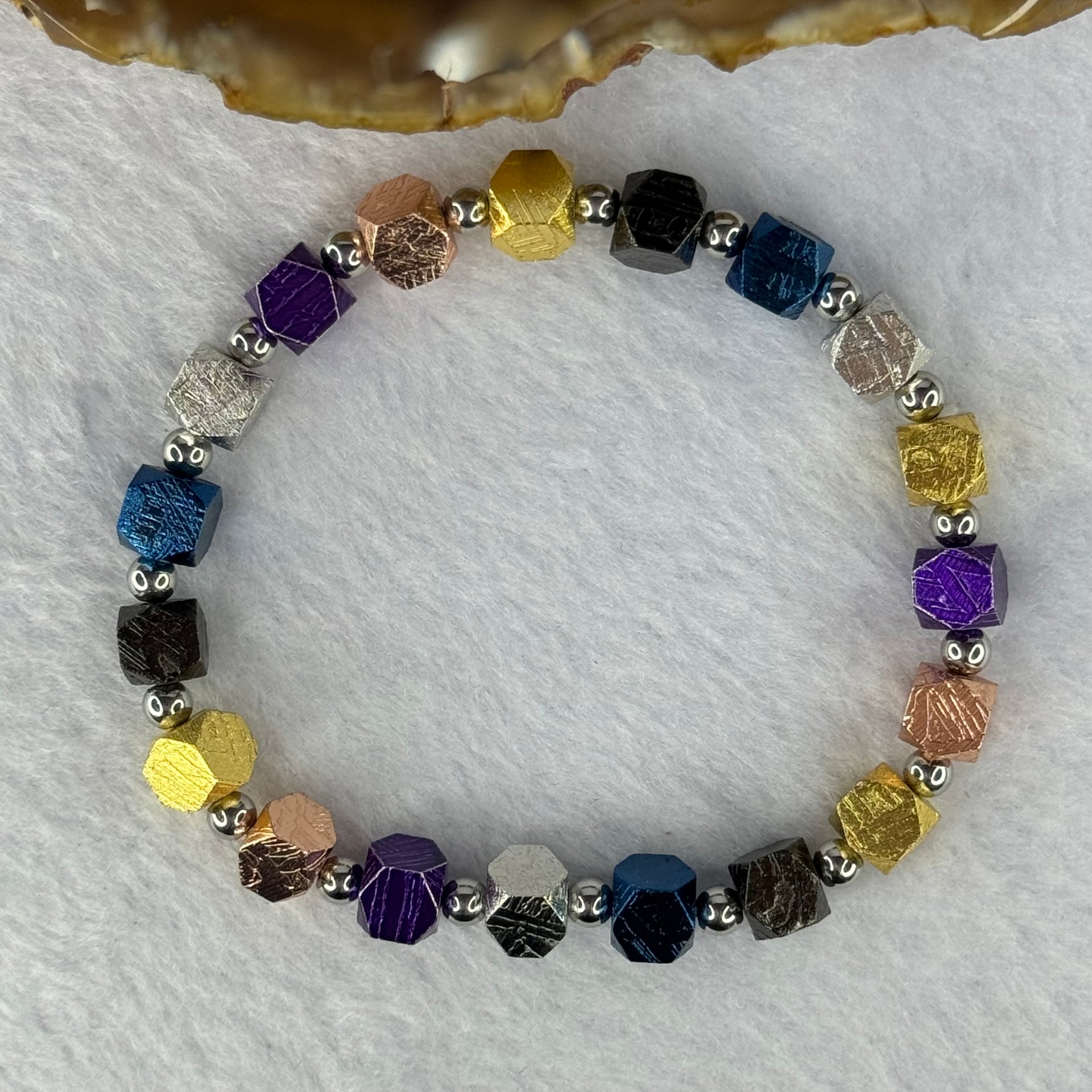 Natural Meteorite in Multi Color Blocks with Mini Stainless Steel Beads Bracelet 天然天铁手链 36.39g 16cm 6.4mm 19 pcs - Huangs Jadeite and Jewelry Pte Ltd