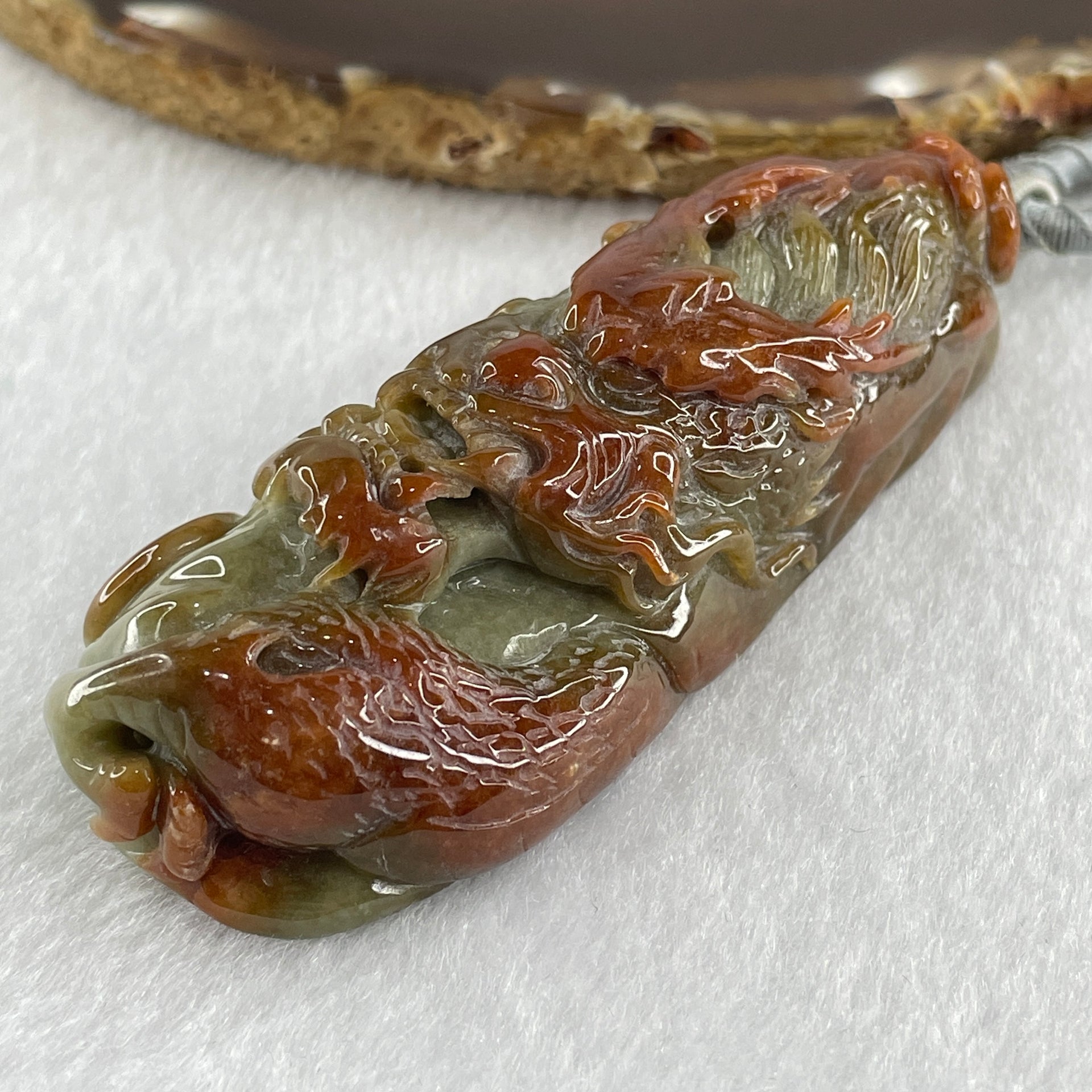 Grand Mater Type A Brownish Red with Green Jadeite Dragon Double Side Pendant 104.37g 81.8 by 1.9 by 22.5mm - Huangs Jadeite and Jewelry Pte Ltd
