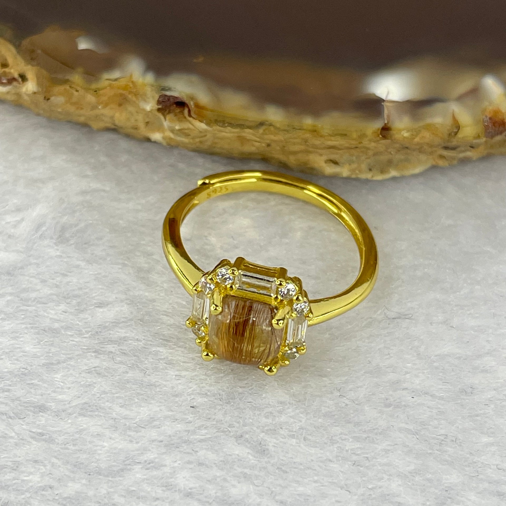 Natural Golden Rutilated Quartz in 925 Sliver Ring (Gold Color) 1.90g 5.8 by 3.5 mm Adjustable Size - Huangs Jadeite and Jewelry Pte Ltd