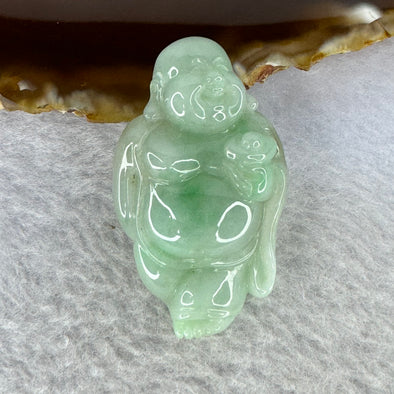Light A Green with Apple Green Patches Jadeite Standing Milo Buddha with Ingot Pendent 23.53g 46.2 by 28.0 by 12.3 mm - Huangs Jadeite and Jewelry Pte Ltd