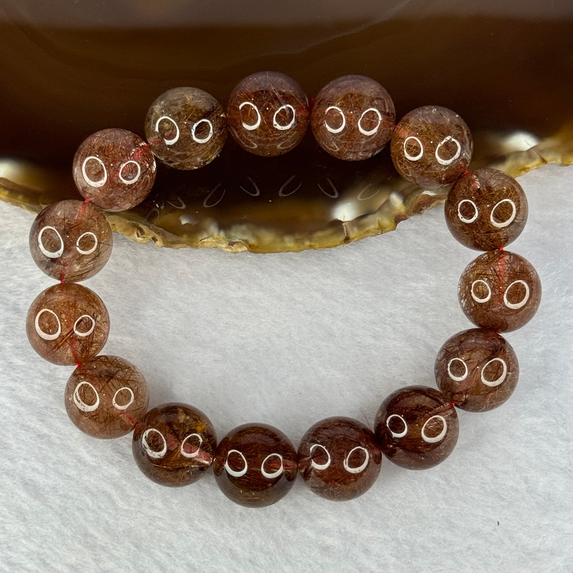 Natural Copper Rutilated Quartz Beads Bracelet 銅髮晶手镯 52.90g 17.5cm 14.mm 15 Beads - Huangs Jadeite and Jewelry Pte Ltd