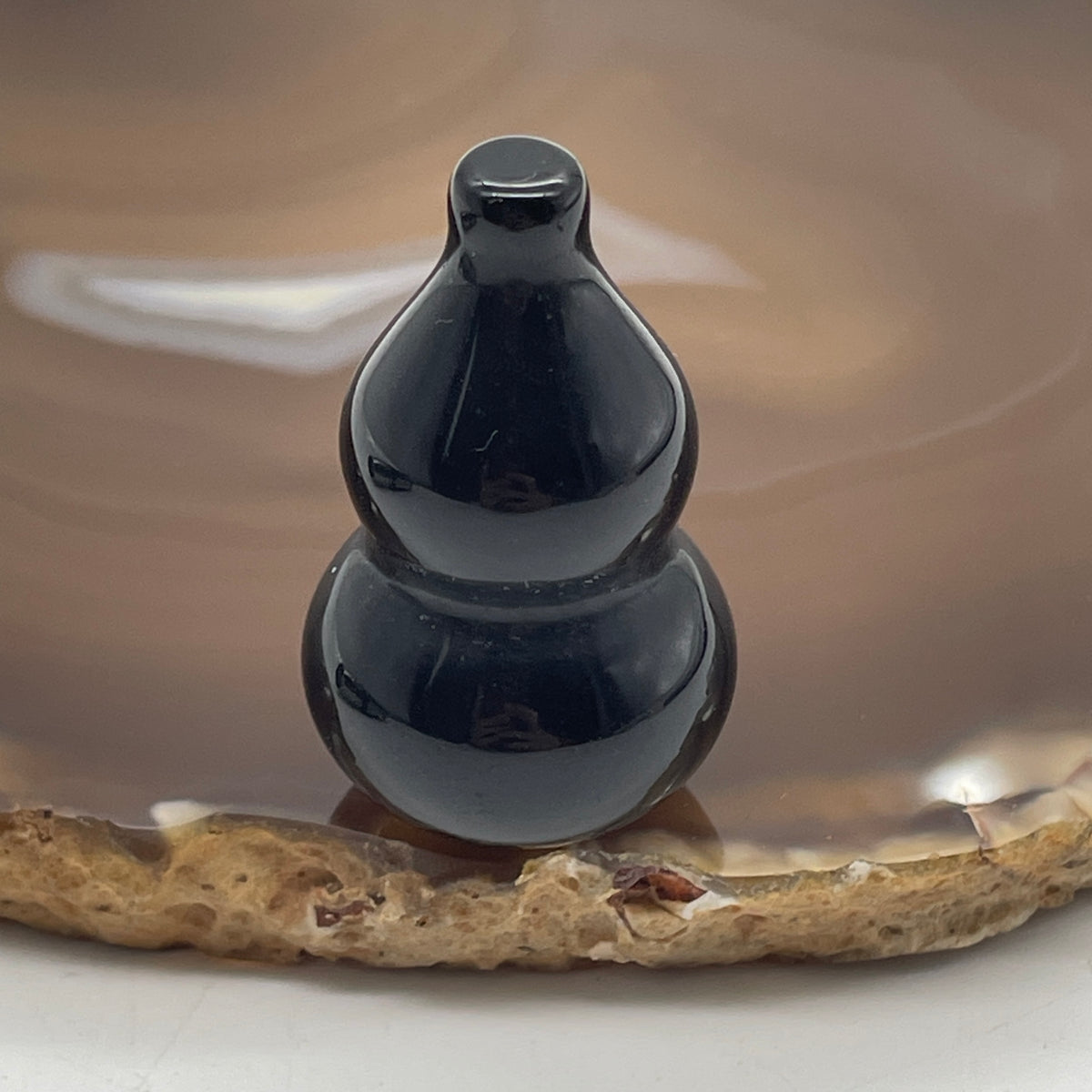 Natural Black Obsidian Hulu Mini Display | (19.23g | 37.6 x 22.8mm Dimensions | Root Chakra Synergy, "Fu Lu" Health & Longevity Anchor, Psychic Shield & Mindful Feng Shui Protection Catalyst)