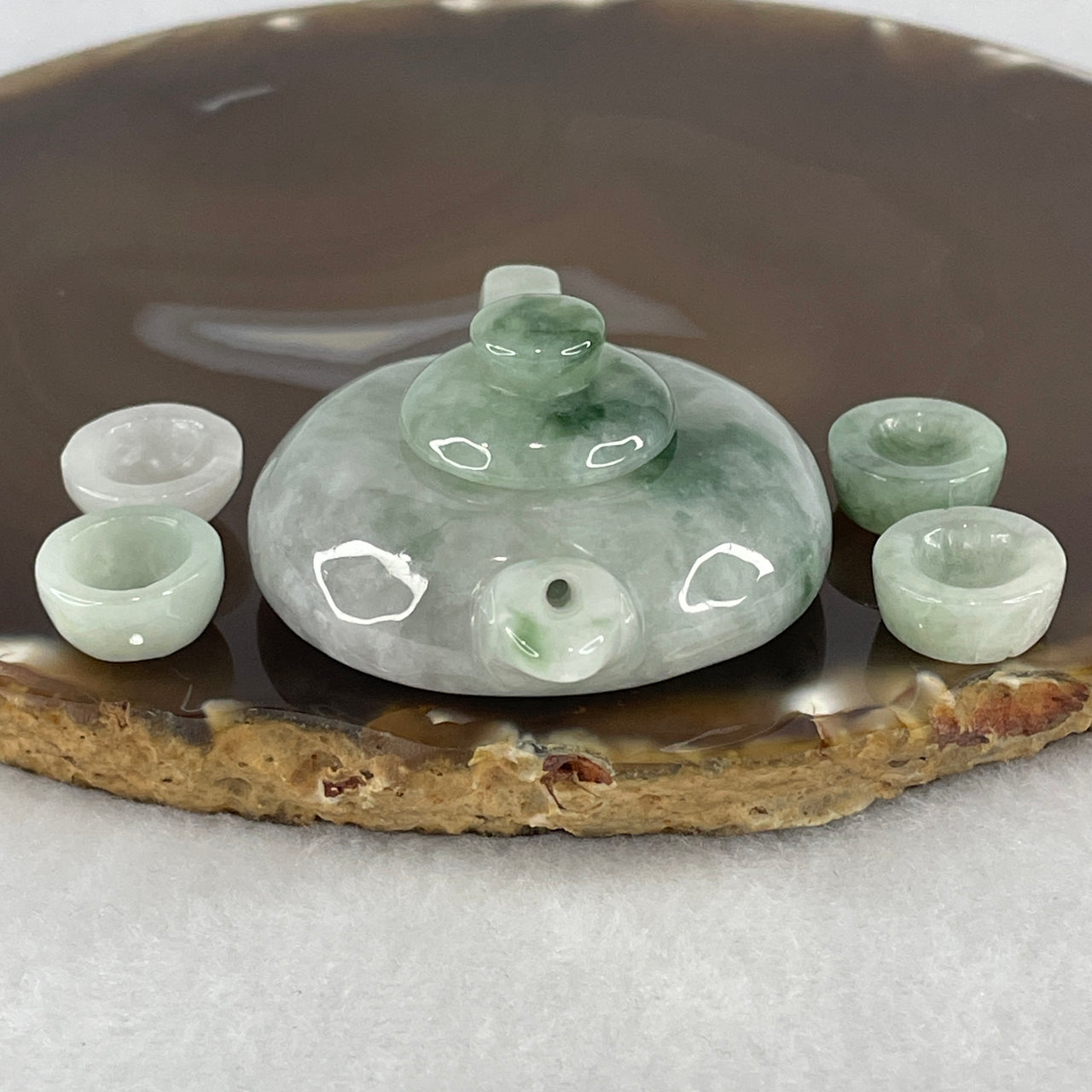 Certified Natural Type A Jelly Green with Lavender Jadeite Teapot with 4 Cups Display Set 62.39g 57.6 by 43.6 by 22.4mm Teapot - 13.8 by 6.2mm Cup