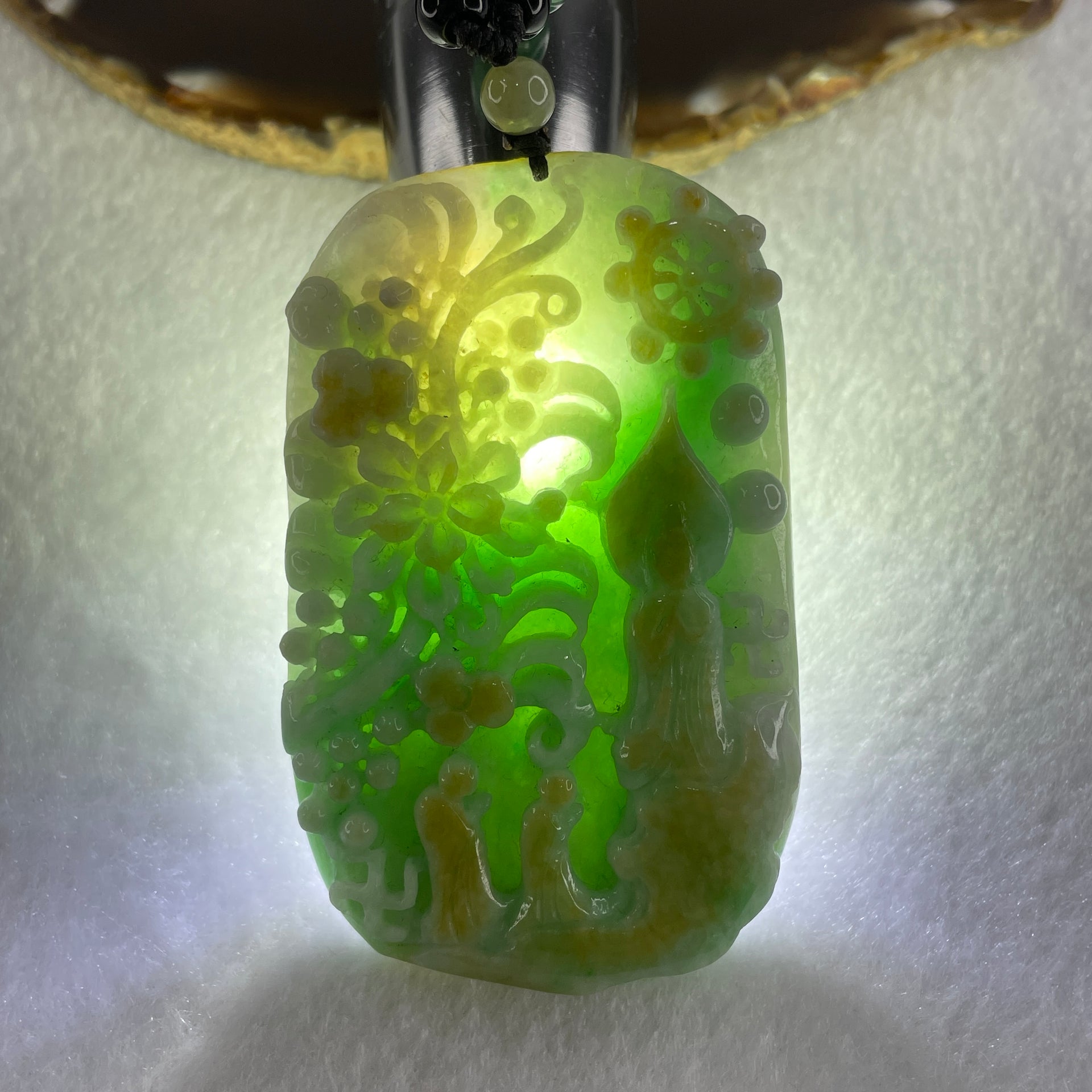 Natural Type A Blueish Green with Yellow Jadeite Buddha and Flowers with People Seeking for Enlightenment Pendant 87.75g 72.8 by 45.7 by 11.8mm - Huangs Jadeite and Jewelry Pte Ltd