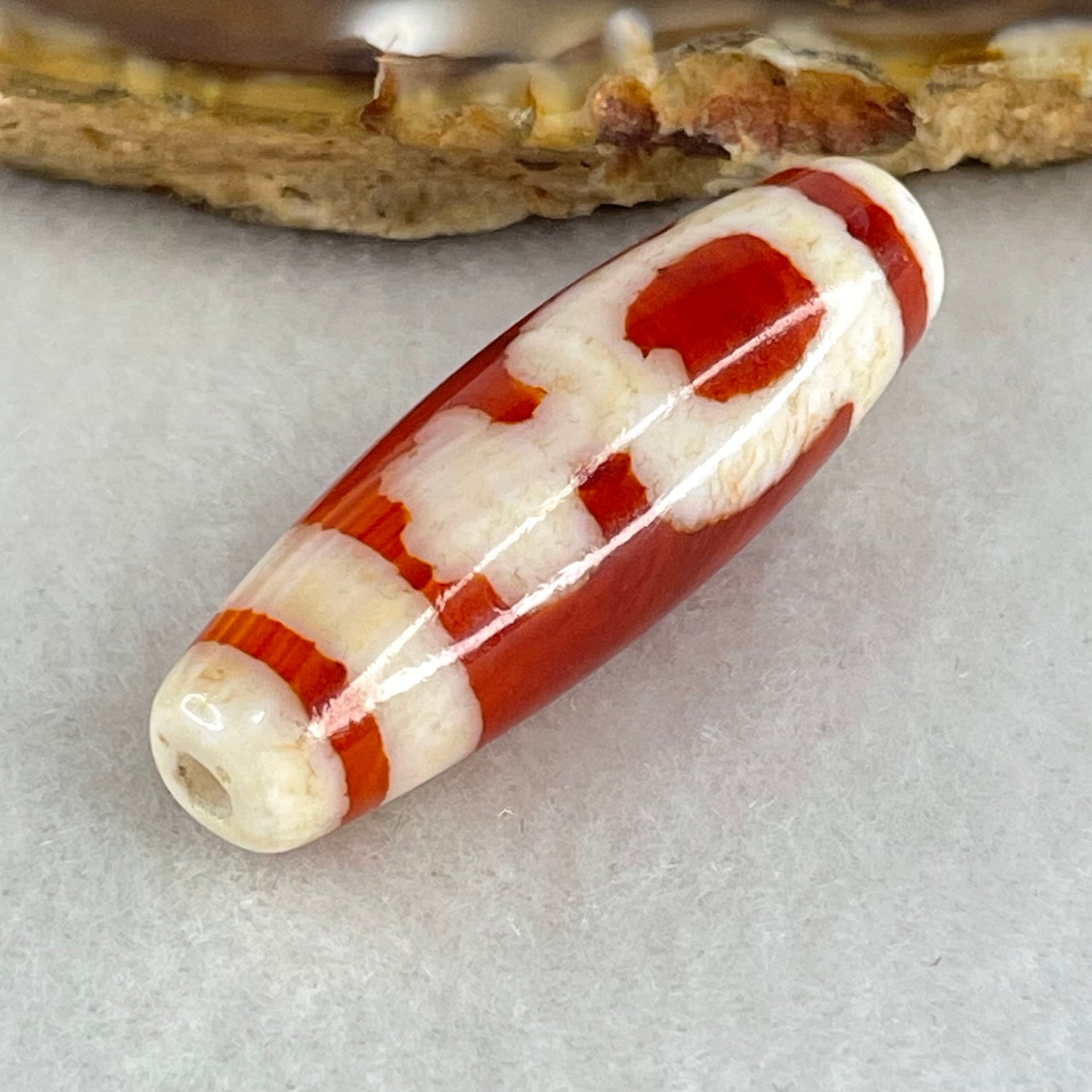 Natural Powerful Tibetan Old Oily Red White Agate 2 Nectar Vessel Dzi Bead Heavenly Master (Tian Zhu) 花蜜容器天珠 8.00g 37.9 by 11.9mm - Huangs Jadeite and Jewelry Pte Ltd