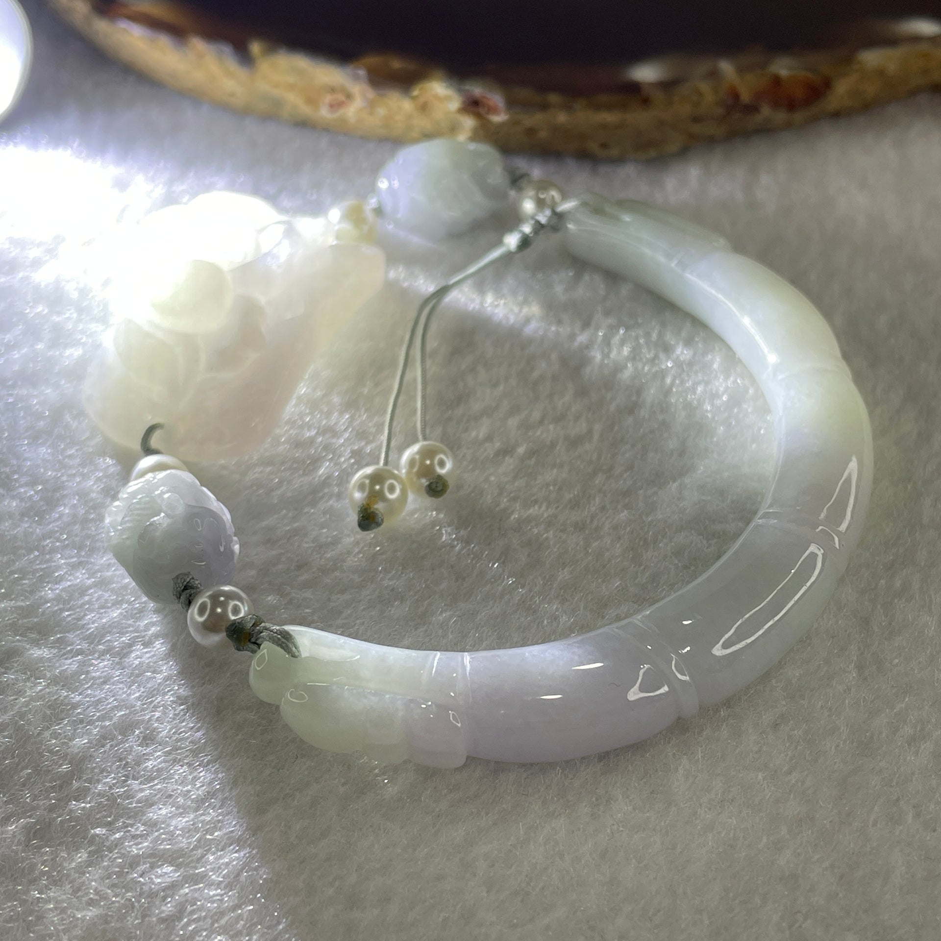 Natural Type A Lavender with Faint Green Jadeite Bamboo with Lotus Flower and Dragon Bracelet 34.11g 17cm 7.9 by 8.6mm - Bamboo 33.2 by 19.1 by 11.8mm - Huangs Jadeite and Jewelry Pte Ltd