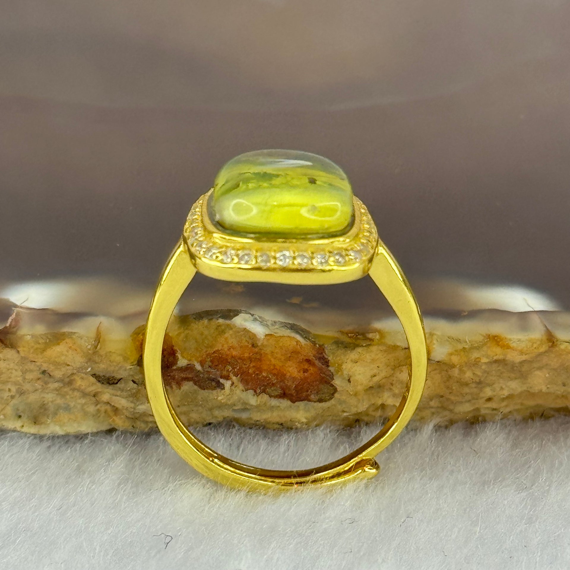 Natural Green Amber with Milk Inclusions in S925 Sliver Gold Color Ring (Adjustable Size) 2.17g 90.0 by 4.0mm - Huangs Jadeite and Jewelry Pte Ltd