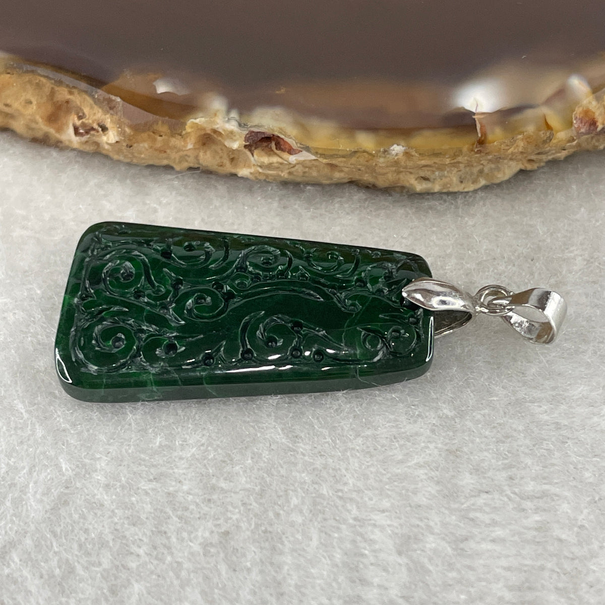 Natural Type A Old Mine Full Green Jadeite Wu Shi Pai Flower Carving Pendant | Peace Plaque & Floral Talisman (5.19g | 30.2 x 17.6 x 3.8mm) - Huangs Jadeite and Jewelry Pte Ltd