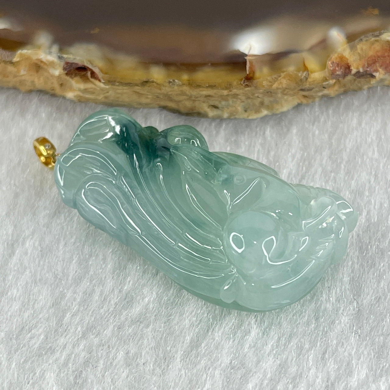 Certified Natural Type A Semi Icy Light Green with Blueish Green Piao Hua Jadeite 9 Tail Fox Pendant in 18K Gold Clasp and 3 Diamonds 9.06g 30.7 by 15.7 by 10.6mm