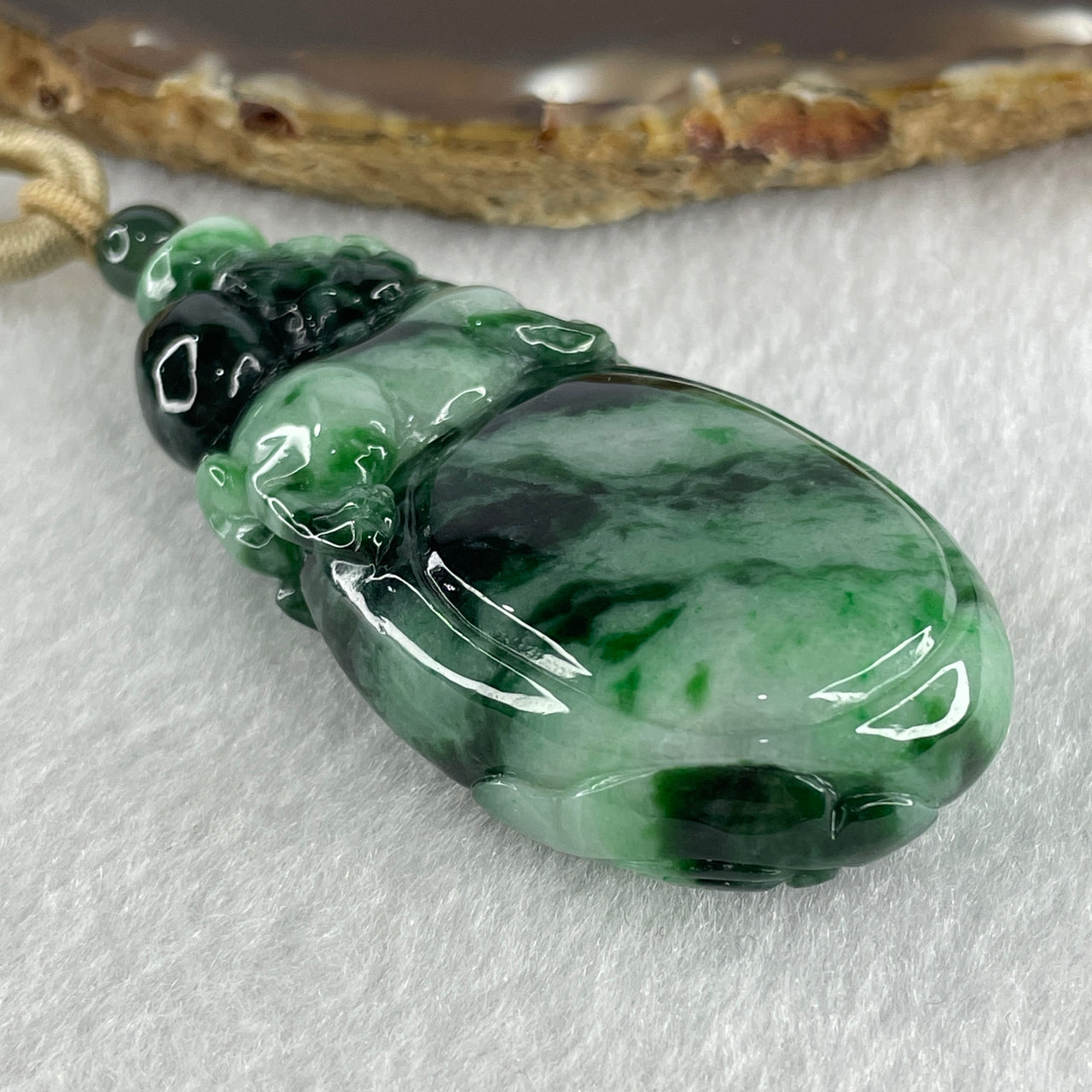 Certified Natural Type A Light Green with Dark Green and Old Mine Spicy Green Pattern Jadeite Pixiu on Money Bag Pendant 46.46g 57.2 by 29.1 by 14.1mm